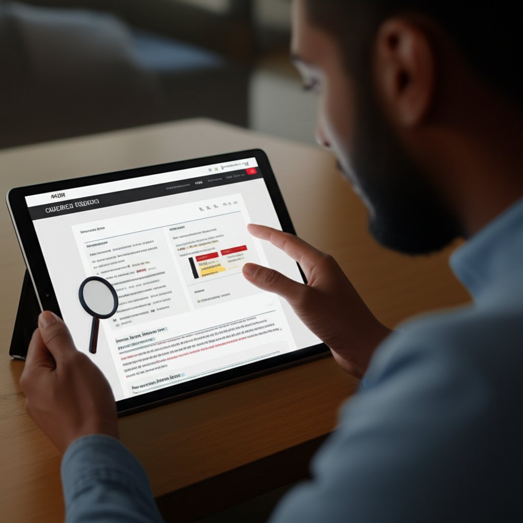 A content strategist looking intently at a digital tablet or glowing screen that displays a highly structured and data-rich content brief. Research notes and competitor insights are clearly visible on the brief, along with a subtle, abstract magnifying glass icon. Prominently display the words "FRASE" and "RESEARCH" in bold, modern fonts on the tablet screen.