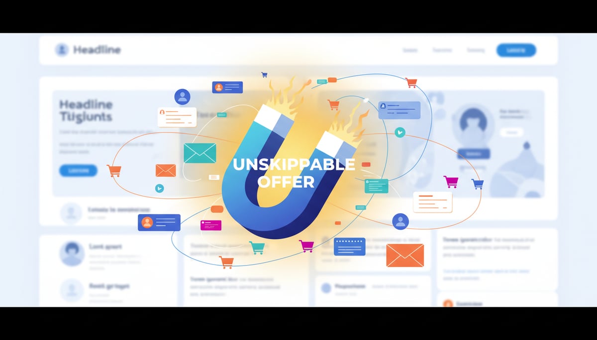 A vibrant, stylized illustration depicting a powerful, glowing magnet at the center, labeled with the words 'UNSKIPPABLE OFFER' in a prominent, clean font. The magnet is actively pulling in various digital elements like email icons, form fields, and abstract user profiles, all flowing towards it. The background is a clean, slightly blurred representation of a professional website landing page, emphasizing conversion. The art style is modern and engaging, no futuristic elements, focusing on clarity and impact. Colors are bright and inviting, conveying value and attraction. Wide shot.