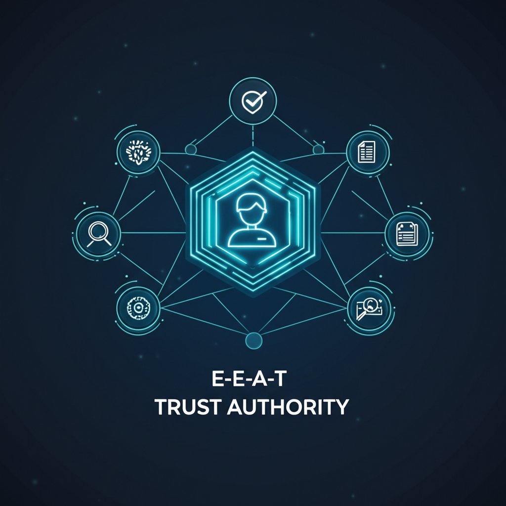 A stylized, glowing E-E-A-T (Expertise, Experience, Authoritativeness, Trustworthiness) symbol or badge at the center. Surrounding it are interconnected elements: a profile icon with a 'verified' checkmark, a network of links pointing towards the center, and a magnifying glass over original research documents. The overall image conveys credibility and strength in a digital context. Text overlay: 'E-E-A-T', 'TRUST AUTHORITY'.