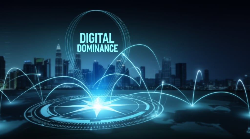 A futuristic digital compass guides a holographic map to DIGITAL DOMINANCE, with content, backlinks, and a Malaysian skyline.