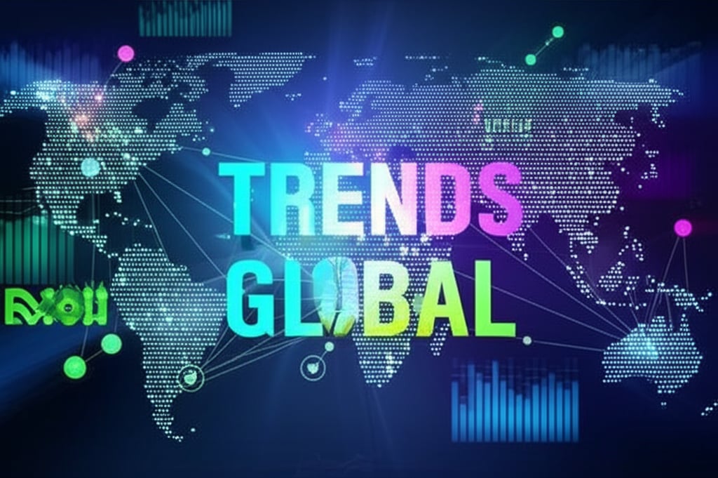 A dynamic world map made of interconnected data points and trending topics, with light rays extending from various global locations. Prominently displayed keywords "TRENDS" and "GLOBAL" in bold, vibrant colors. Digital graphs and social media icons are subtly integrated into the background, signifying content and brand analytics.