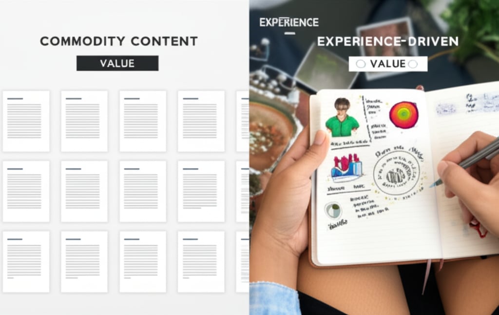 A visual metaphor depicting a clear shift in content strategy from generic, commodity content to unique, experience-driven content.