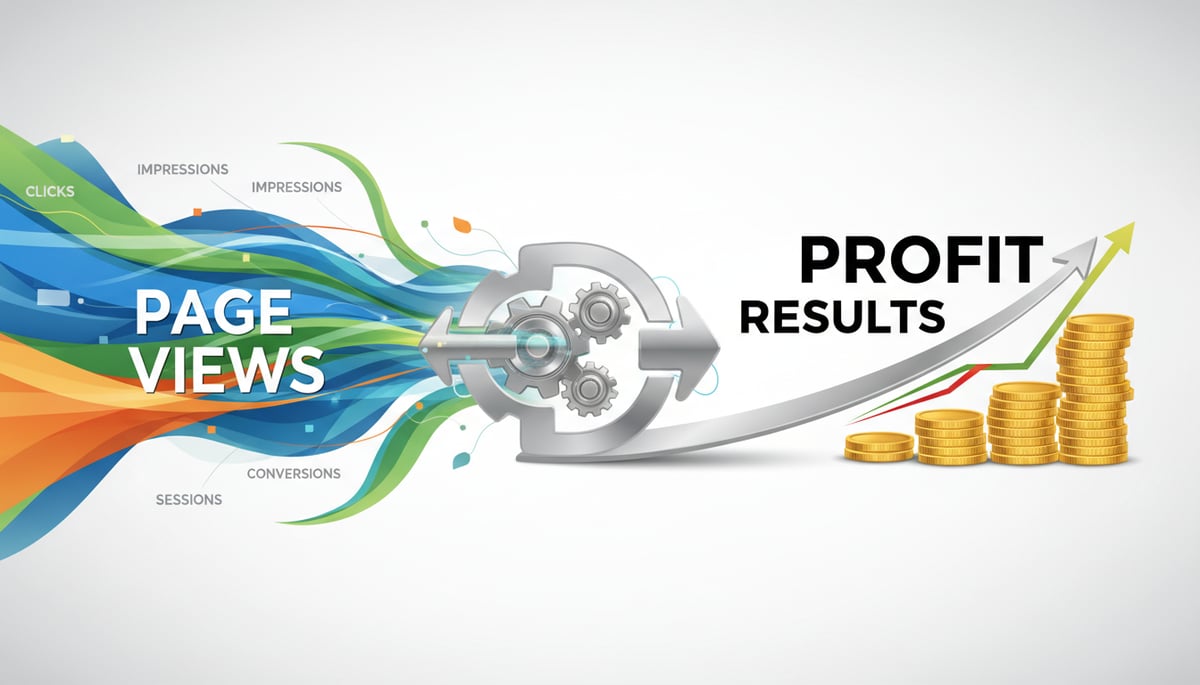 A professional business illustration depicting a clear transformation. On the left, abstract representations of web traffic and various digital metrics, with 'PAGE VIEWS' prominently displayed in large fonts. These elements feed into a strategic, well-defined pathway or an abstract 'engine' in the center. This pathway culminates on the right into a visual of increasing value, such as a growing stack of coins or an upward-trending graph, clearly labeled 'PROFIT' or 'RESULTS' in large, bold fonts. The overall style is clean, modern, and focused on tangible business outcomes, avoiding any futuristic elements.
