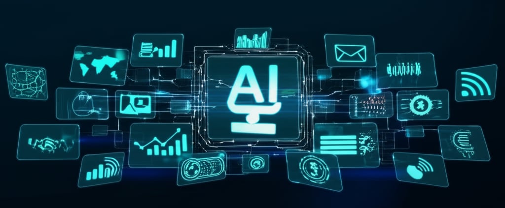 A futuristic digital workstation with glowing, interconnected icons and holographic displays of integrated content automation.