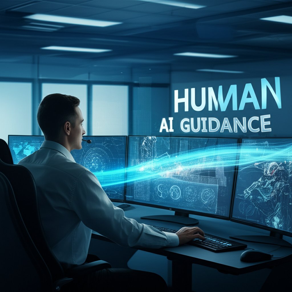A high-tech control room where a human strategist and an AI co-pilot work in synergistic partnership. The human operates a strategic console, making high-level decisions, while the AI, represented by flowing data streams and holographic interfaces, executes detailed tasks and provides insights. The scene emphasizes collaboration, human guidance, and preventing 'AI slop' through quality control. Text in image: 'HUMAN', 'AI GUIDANCE' in large fonts.