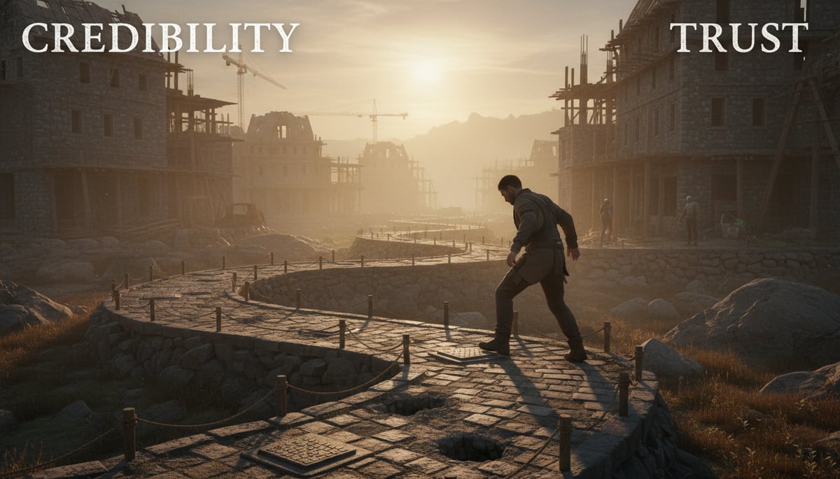 A person carefully walking on a winding path, avoiding subtle pitfalls and traps, symbolizing the delicate balance of building genuine authority.