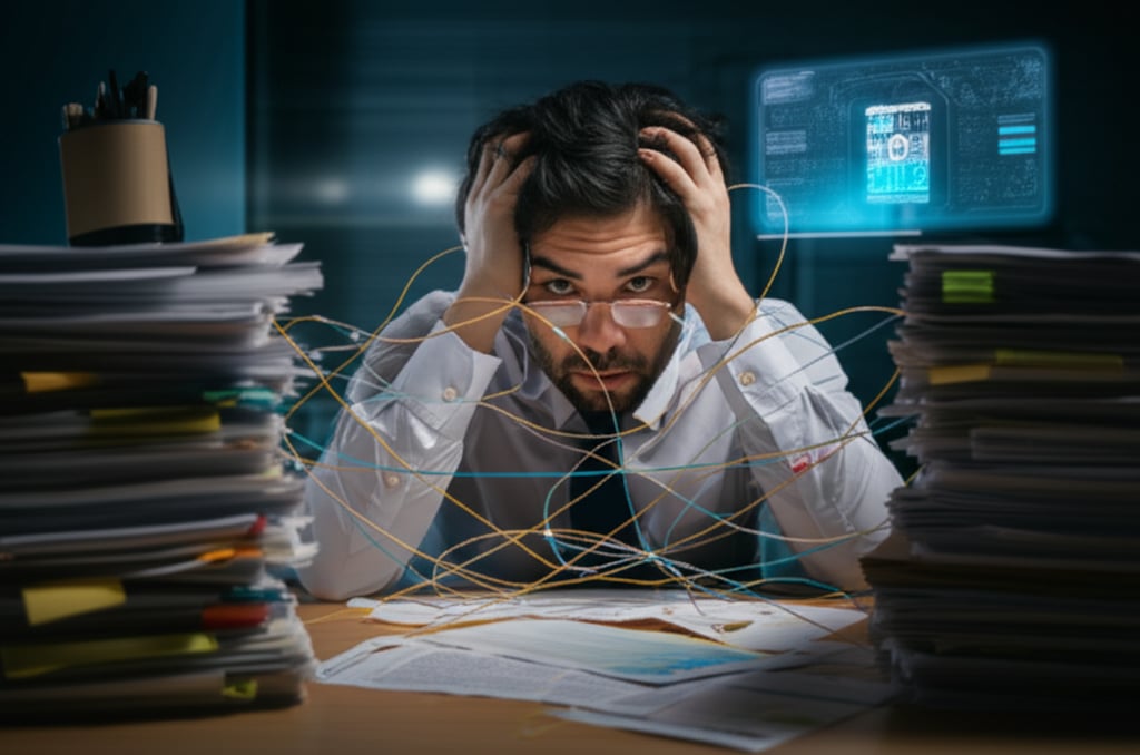 A stressed content strategist overwhelmed by articles and keywords, while a futuristic AI efficiently creates content.