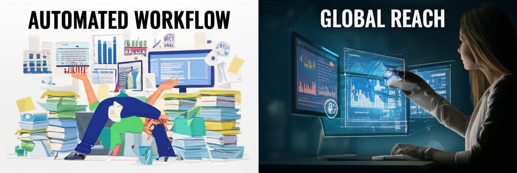 An illustrative image about: A compelling split-screen or 'before-and-after' visual. On the left side (traditional workflow), dep