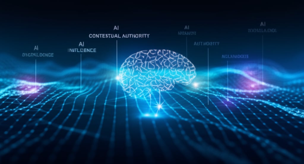 Dynamic, futuristic digital network with glowing AI authority and digital influence nodes overseen by an AI brain symbol.