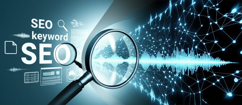 A futuristic image merging traditional SEO symbols with glowing AI networks and voice waveforms into a dynamic spiral, symbolizing hybrid strategy.