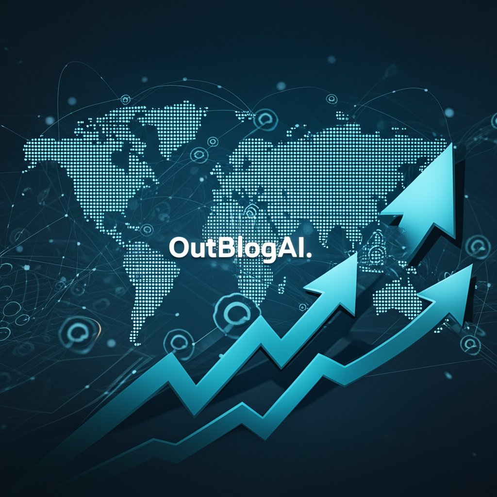 OutBlogAI's minimalist digital interface with a global map, SERP icons, and upward arrows symbolizing worldwide search domination.
