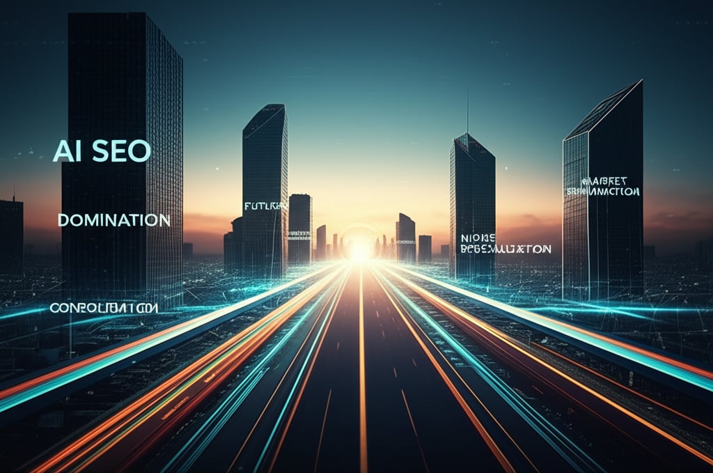 Futuristic cityscape showing SEO industry consolidation, niche specialization, and AI-powered visibility leading to market domination.