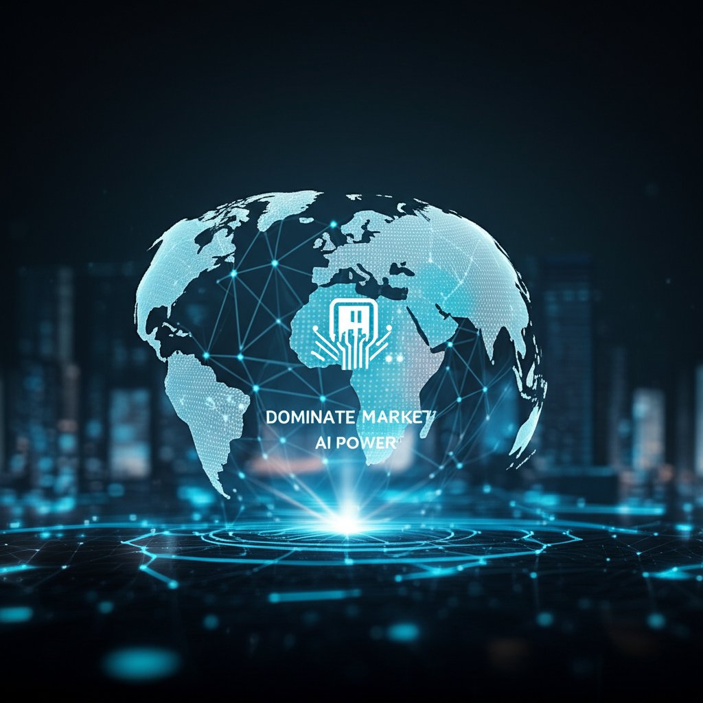 A dynamic, sweeping shot of a futuristic cityscape or global map, where a powerful, unified brand logo or symbol radiates light and influence, overshadowing fragmented, smaller logos. The scene emphasizes dominance and market conquest, with an abstract AI network glowing beneath, empowering the unified brand. A sense of strategic victory is palpable. Large text on the image reads "DOMINATE MARKET" and "AI POWER".