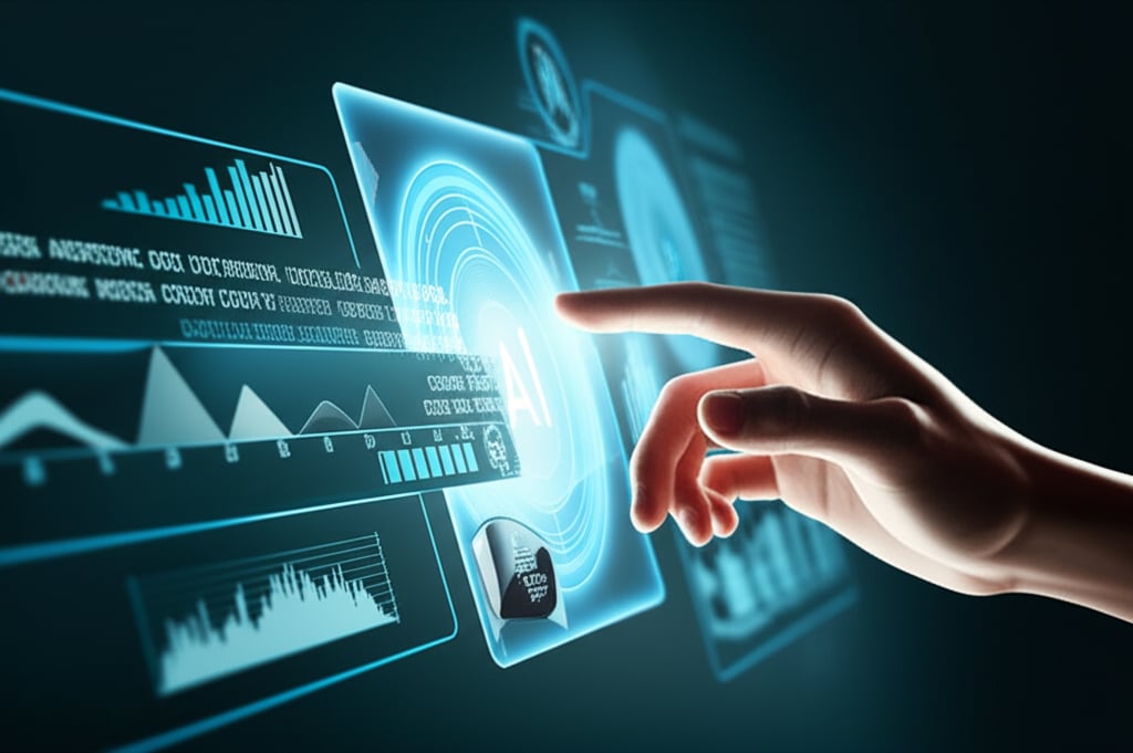 An illustrative image about: A modern, abstract digital art piece illustrating the "AI Turning Point": a human hand tentatively i