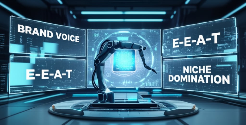 An illustrative image about: A futuristic AI interface creating authoritative content. A central robotic arm or intelligent syste