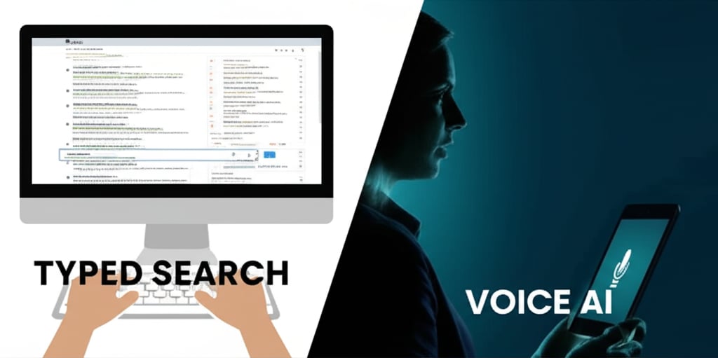 An illustrative image about: A split image illustrating the contrast between conventional typed search and voice-activated conver