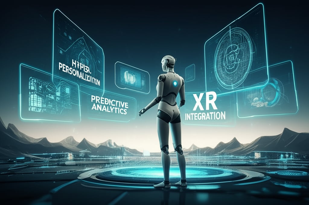 A futuristic, ethereal landscape depicting advanced AI in lead generation. Floating holographic displays show 'HYPER-PERSONALIZATION' and 'PREDICTIVE ANALYTICS'. An advanced AI assistant with a natural human-like interface is present. Augmented reality elements merge with the real world, symbolizing 'XR INTEGRATION'. A sense of cutting-edge technology and future growth, with text 'FUTURE TRENDS' prominently displayed. Wide, visionary, high-resolution.