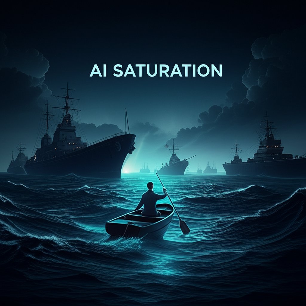 A small, modern, glowing SaaS startup logo boat struggling in a vast, turbulent digital ocean filled with towering, dark, established AI industry giant battleships and data clouds. The sky is dark, representing low visibility. Faint, distant light rays hint at potential keywords, but the path is currently obscured. Overlay text: "AI SATURATION" in large, bold font.