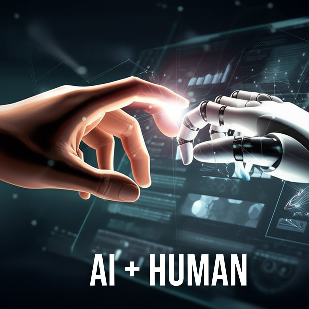 A symbolic representation of human-AI collaboration. An expressive human hand with warm tones gently interacts with a sleek, metallic, glowing robotic hand over a holographic interface displaying content outlines, data, and polished text. Neural network patterns subtly connect their interaction, signifying seamless synergy. Text overlay: "AI + HUMAN" in bold, modern fonts.