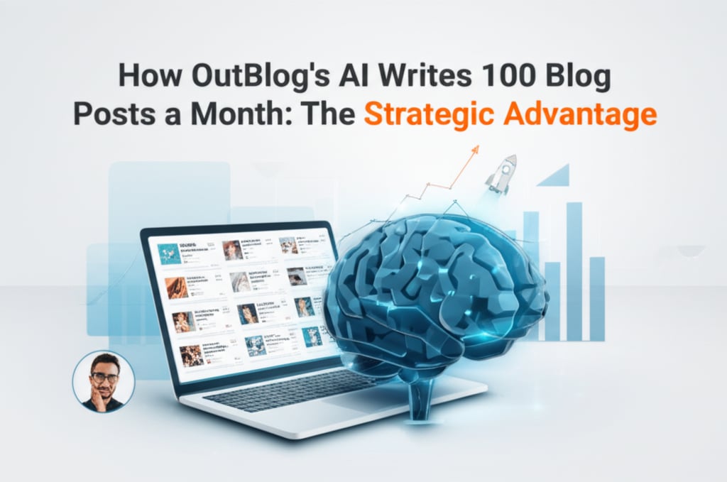 Futuristic AI core with glowing laptop showing '100 posts a month', an upward growth graph with a rocket, and a user avatar.