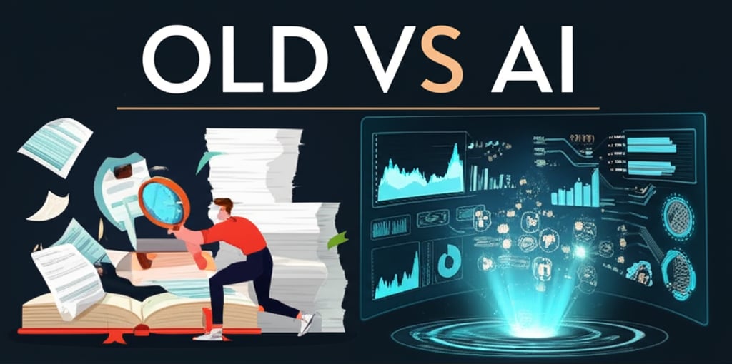 A vibrant, dynamic illustration contrasting outdated manual keyword research (a person struggling with a magnifying glass over stacks of paper, a dusty old book) with modern AI-driven analysis (a sleek, glowing holographic interface displaying complex data patterns, insights, and market trends). Large text overlayed: "OLD VS AI".