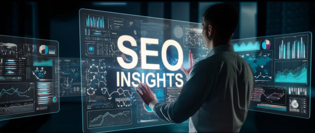 Cinematic view of an SEO analyst in a futuristic office deciphering holographic data visualizations and glowing 'SEO Insights' charts.