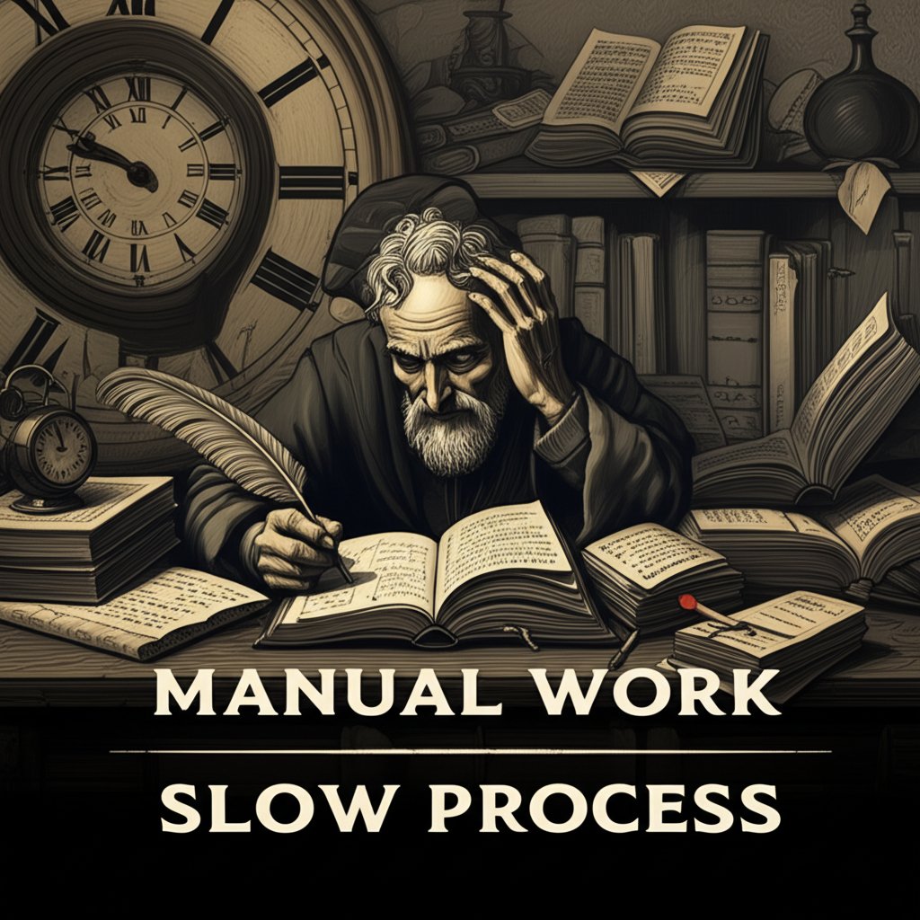 An illustrative image about: A vintage, sepia-toned illustration of a lone, visibly exhausted scholar hunched over a cluttered de