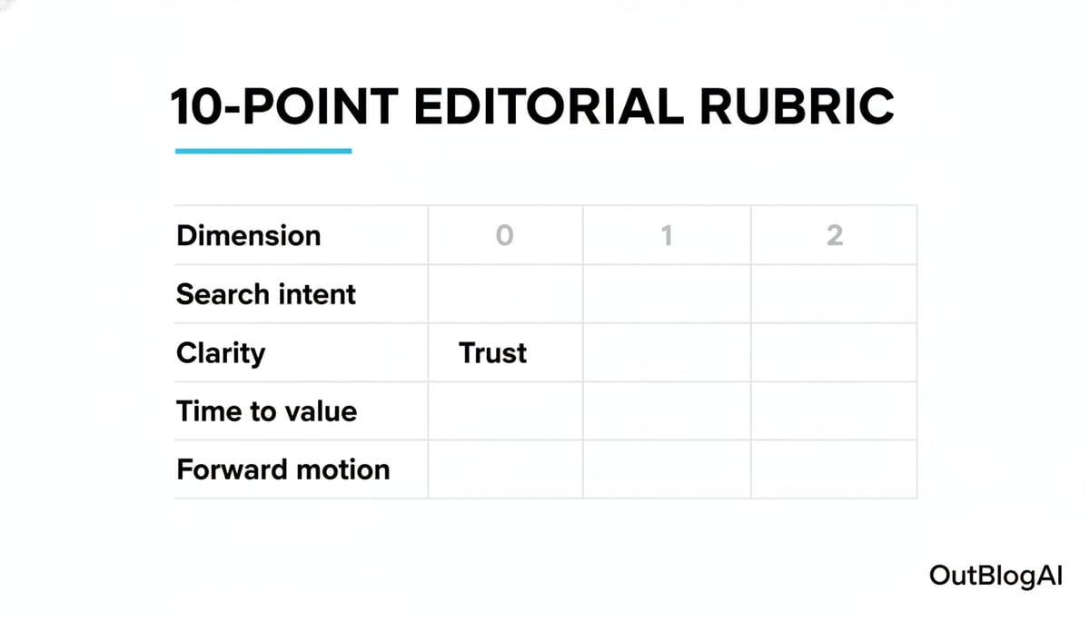 Editorial reference card displaying the 10-point editorial rubric: five dimensio