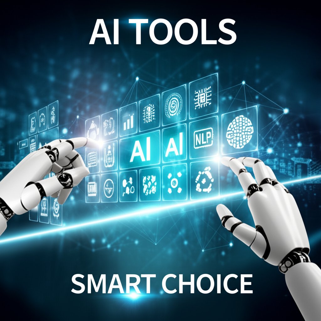 A sophisticated digital interface showcasing a selection of specialized AI tools, represented by glowing icons and holographic projections. Hands (human-like or robotic) are interactively navigating the options, with a clear path or journey indicated by a subtle light trail. The background features abstract representations of NLP (Natural Language Processing) and workflow integration. Large text on the image reads "AI TOOLS" and "SMART CHOICE".