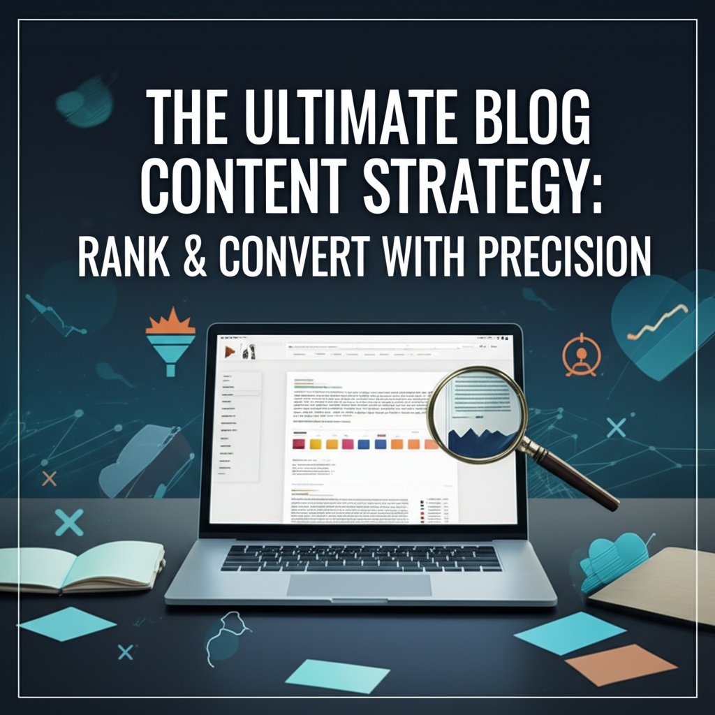 Modern thumbnail: 'The Ultimate Blog Content Strategy' title over a laptop, analytics, and icons signaling precision, rank, and conversion.