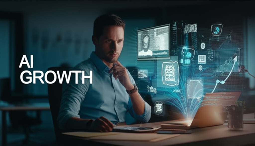 AI for efficiency, showing AI processes integrating with content creation and a graph indicating 15-20% ROI