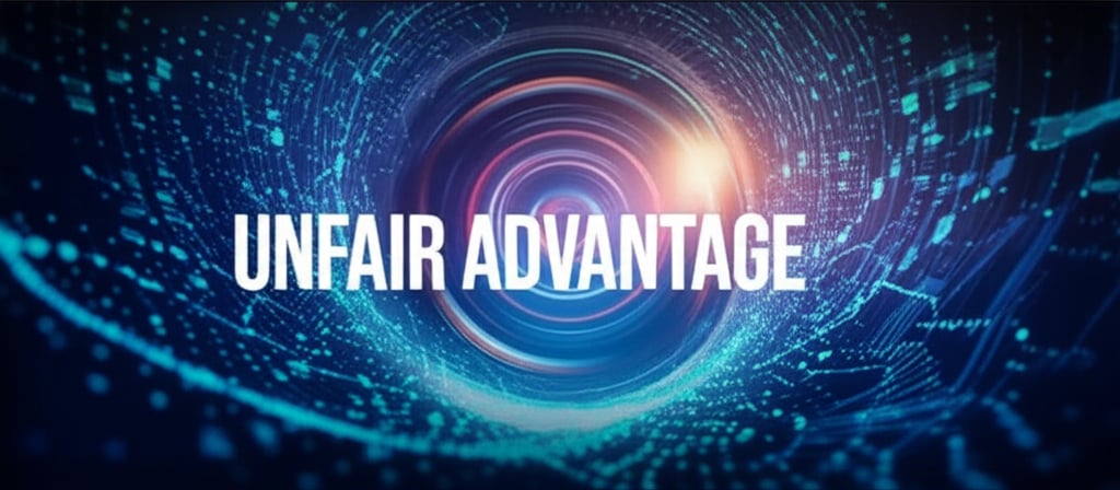 A vibrant, high-energy digital vortex or funnel, drawing in abstract data points, representing automated workflows and data-driven insights. In the center, a powerful, stylized flywheel mechanism spins rapidly, radiating energy and light, symbolizing a growth flywheel. The background suggests rapid action and forward momentum in a futuristic setting. Large, prominent text overlay: "UNFAIR ADVANTAGE".