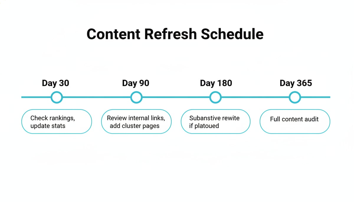 Content refresh timeline showing Day 30, 90, 180, and 365 day checkpoints with t