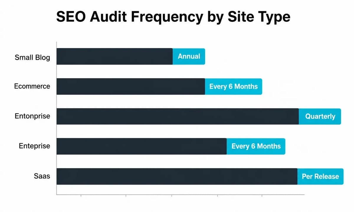 Horizontal bar chart comparing SEO audit frequency across four site types — smal Horizontal bar chart comparing SEO audit frequency across four site types — smal