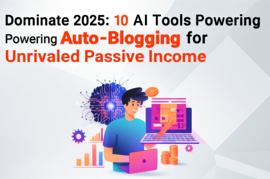 Modern blog image for 'Dominate 2025' on AI auto-blogging & passive income, showing a tech avatar, AI brain, laptop, and growth icons.