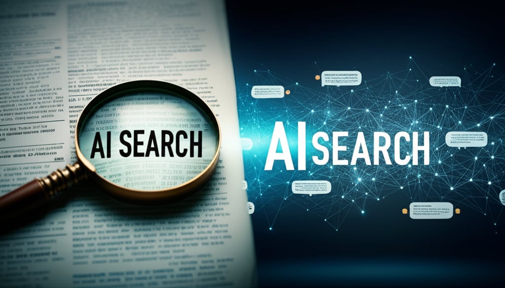 An illustrative image about: A dynamic, high-tech visual depicting the evolution of search. On one side, a fading, old-fashioned