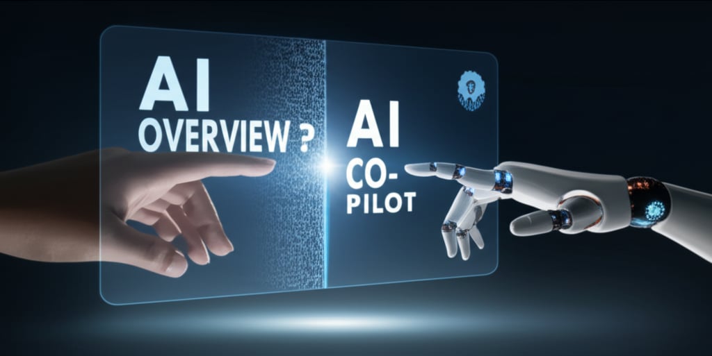 A conceptual image of human and robotic hands touching a glowing screen with fragmented 'AI OVERVIEW' and integrated 'AI CO-PILOT'.