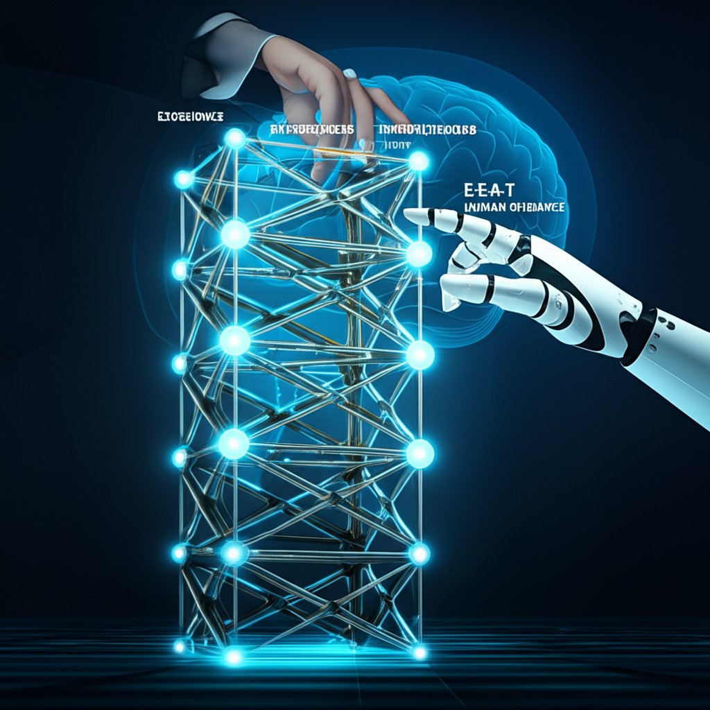 An illustrative image about: A stylized abstract illustration depicting a human hand and a robotic hand collaboratively building 