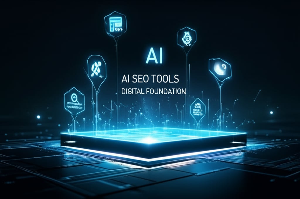 A futuristic digital landscape with interconnected glowing icons representing various SEO tools like Google Search Console, Google Analytics 4, and Semrush. A strong, illuminated digital foundation supports these tools. Digital data streams flow seamlessly between them, set against a dark, high-tech background. Text overlay: 'AI SEO TOOLS', 'DIGITAL FOUNDATION'.
