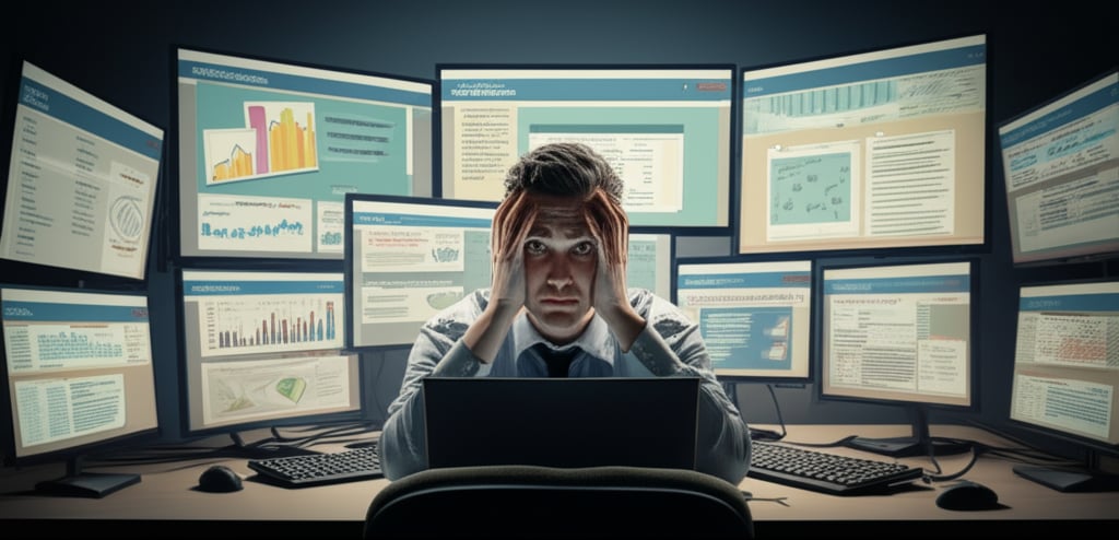 An illustrative image about: A frustrated digital marketer sits in front of multiple glowing computer screens, each displaying a 