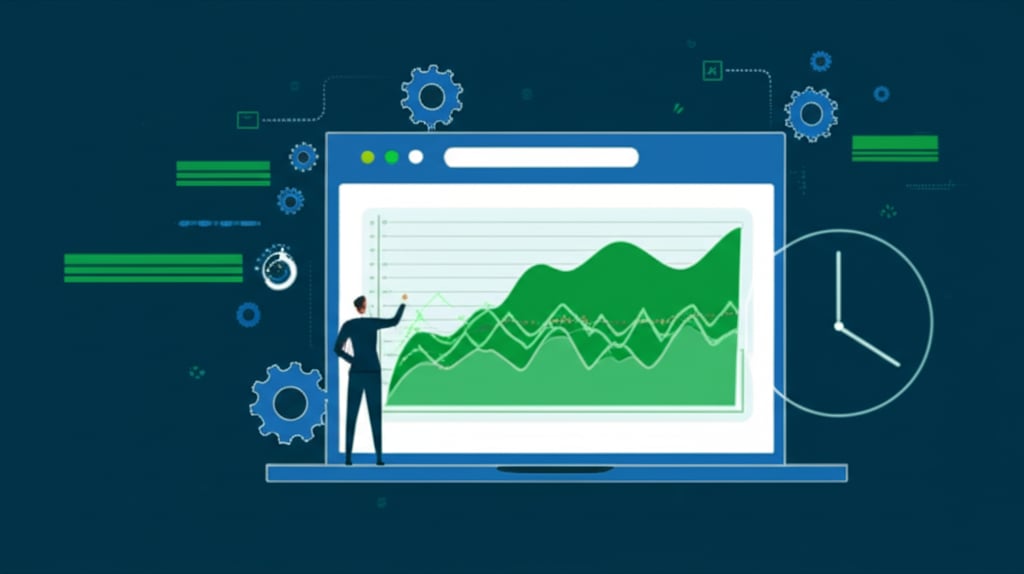 Web developer monitoring website performance on a dashboard with speed graphs, a clock, and gears for ongoing optimization.