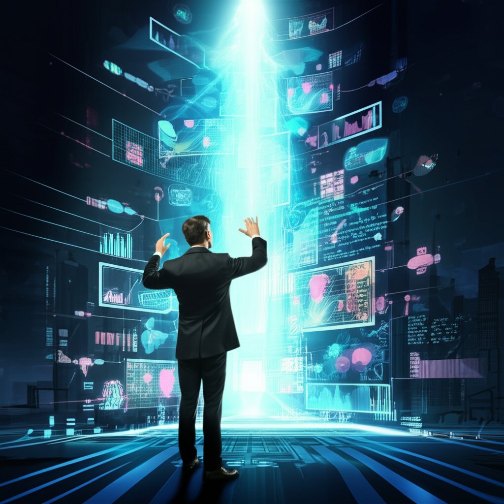 An illustrative image about: A visionary conductor, wearing a futuristic suit, orchestrates a symphony of interconnected digital 