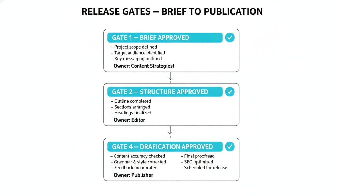 Editorial infographic showing four horizontal release gates from Brief to Public
