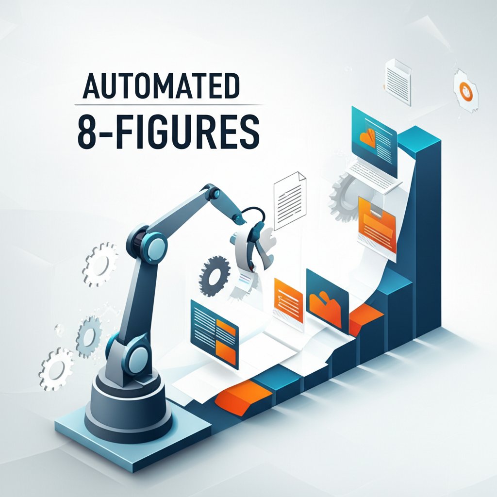 Sleek robotic arm automates content, fueling an 8-figure growth chart with 'AUTOMATED 8-FIGURES' text in a modern, vibrant illustration.