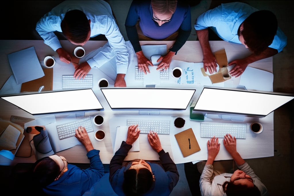 An illustrative image about: A high-angle, cinematic shot of a marketing team, their faces illuminated by computer screens, surro