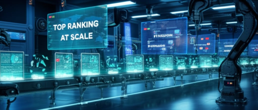 An illustrative image about: A visually stunning, futuristic content factory with robotic arms and advanced AI systems working in