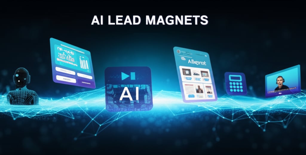 A vibrant, panoramic digital landscape showing various AI-powered lead magnets. Elements include an interactive quiz interface, a personalized report generation display, an intelligent chatbot avatar, a financial calculator icon, and a screen playing an AI-generated webinar. All connected by glowing neural network lines, conveying innovation and high-tech lead generation. Wide, high-resolution, with text 'AI LEAD MAGNETS' in a prominent, modern font.