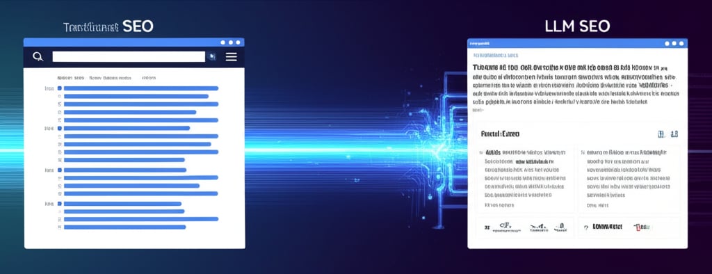 A vibrant split‑screen digital illustration comparing traditional SEO blue links to modern AI‑generated LLM SEO answer boxes.