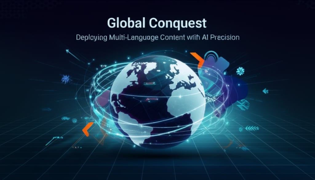 A modern, strategic image with a glowing Earth globe, data streams, 'Global Conquest' text, and abstract tech shapes.