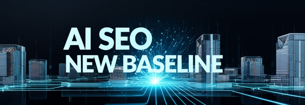 A futuristic, wide-angle panoramic image depicting a digital cityscape where glowing data streams connect various marketing departments, represented by sleek, interconnected buildings. In the foreground, a prominent AI symbol (like a stylized neural network) acts as a central hub, emanating energy. Large, bold text overlaid on the image reads: "AI SEO" and "NEW BASELINE". The overall scene conveys innovation, growth, and the integration of AI as the fundamental infrastructure for modern SEO.